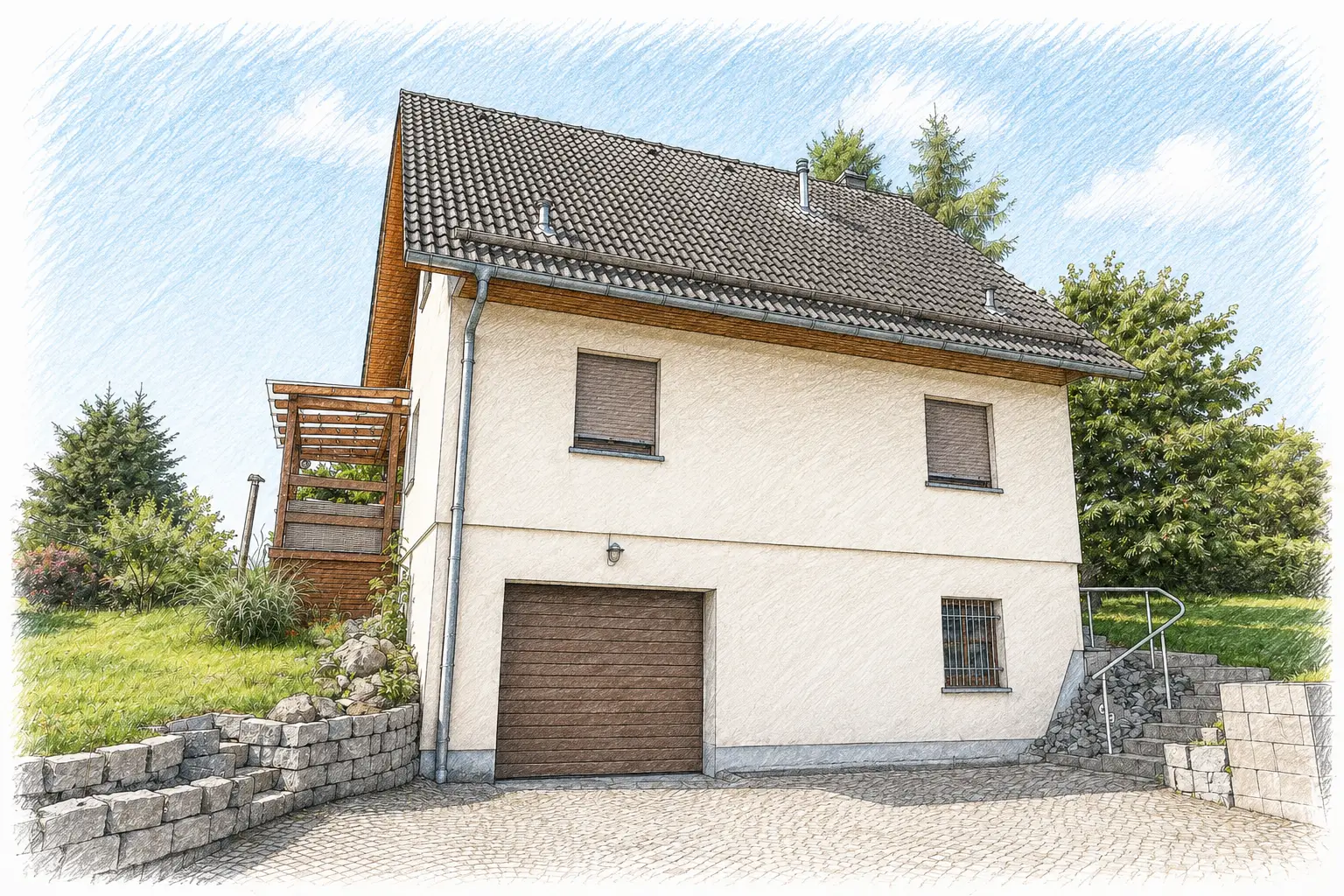 Einfamilienhaus Baujahr 2000 vor der Sanierung, digital verfremdet zum Schutz der Privatsphäre